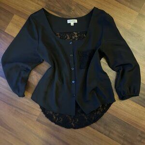 Y2K Whimsigoth Black Floral Lace Blouse 3/4 Sleeve Button Down Casual Size Small